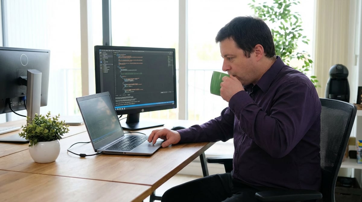 Laurent en concentration devant son setup tech, café à la main